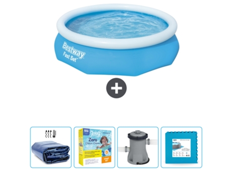 Piscina Hinchable Redonda Fast Set BESTWAY - 305 x 76 cm - Azul - Incluida Vela solar - Paquete de mantenimiento - Bomba - Baldosas