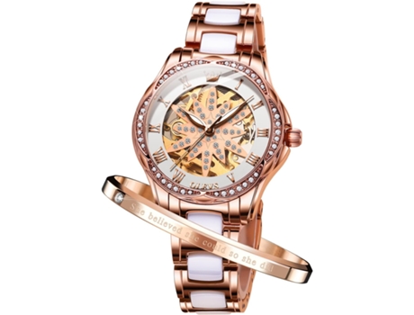 VEANXIN Reloj mecánico automático para mujer Diseño hueco en oro rosa(oro rosa)