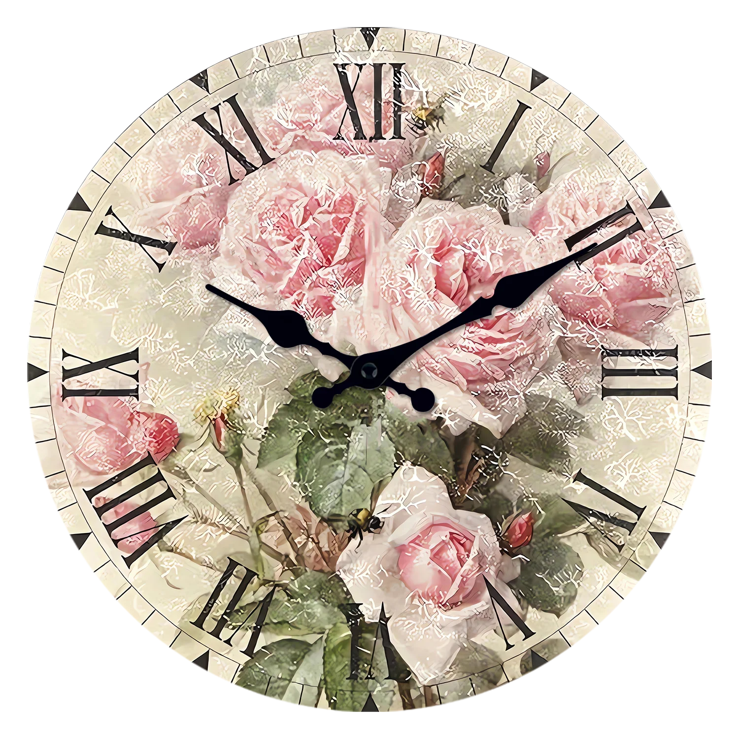 Reloj de pared de madera vintage con rosas rosas (30 cm), reloj de cuarzo silencioso