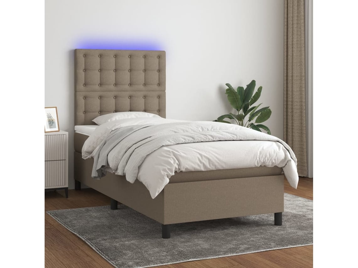 Cama Box Spring Colchón Y Luces Led Tela Gris Taupe 90x190 Cm