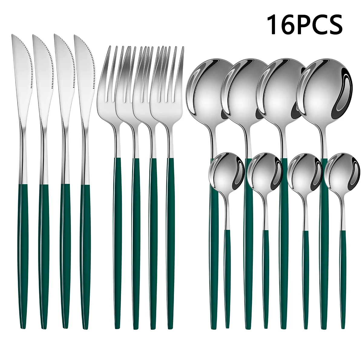 Juego De Cubiertos De Acero Inoxidable(16 Piezas,color Verde Plateado)que Incluye Cuchillo Para Carnetenedor Y Cuchara De Estilo Occidental