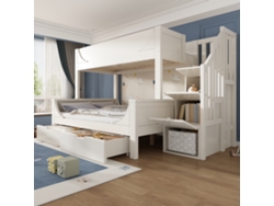 Litera Tipo Trineo, 90/140 Cm, Con Espacio De Almacenamiento, Escalera, Madera Blanca, Colchón No Incluido.