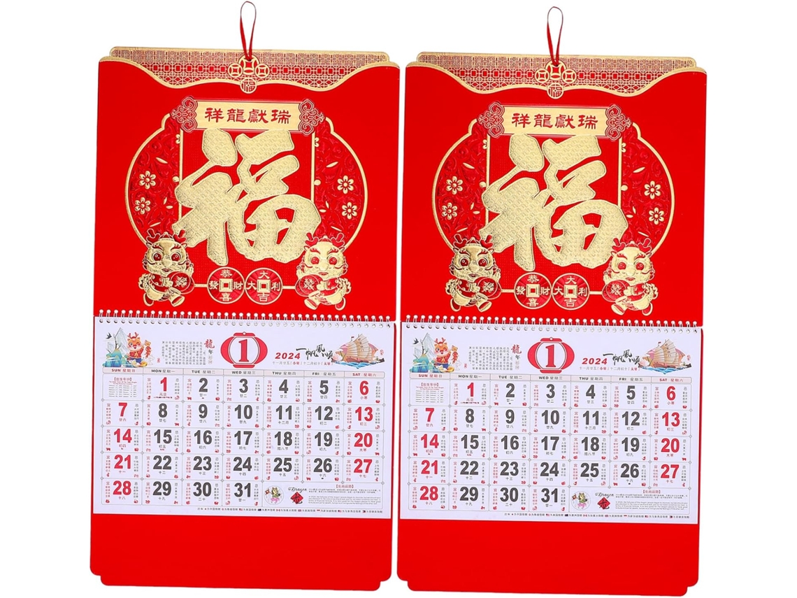 Calendario De Pared De 2 Piezas, Decoración Del Calendario Del Año Del Dragón