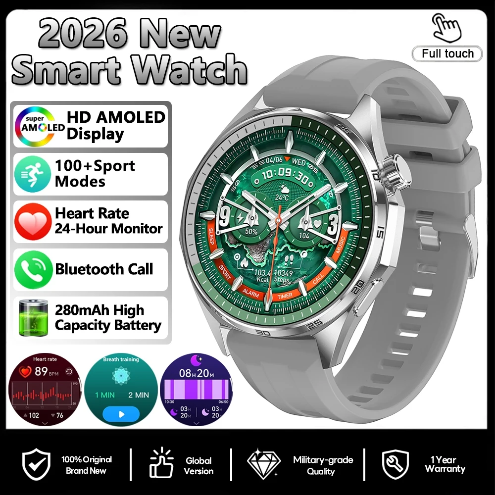 Reloj inteligente MDUG con GPS, funciones deportivas, NFC, salud y llamadas Bluetooth con correa gris.