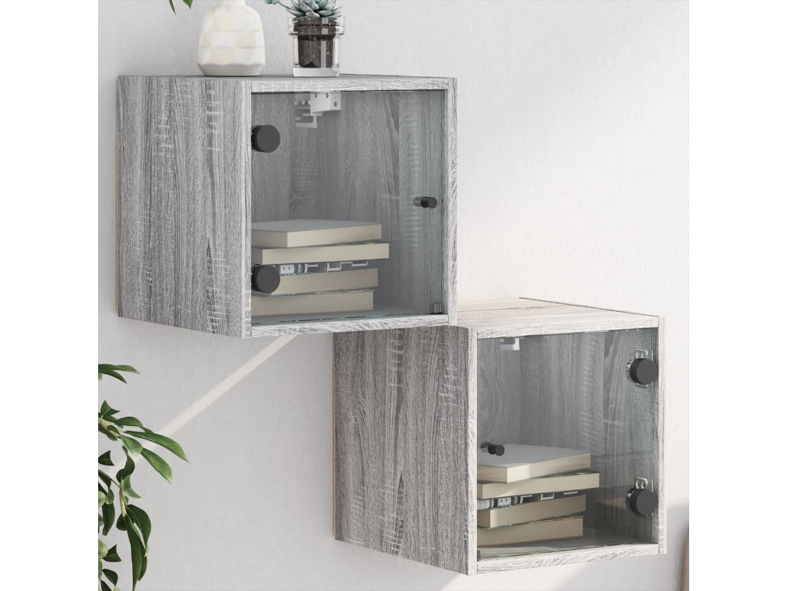Cabecero Mesitas Noche Puertas Uds Madera Vidrio Gris (35x37x35cm)
