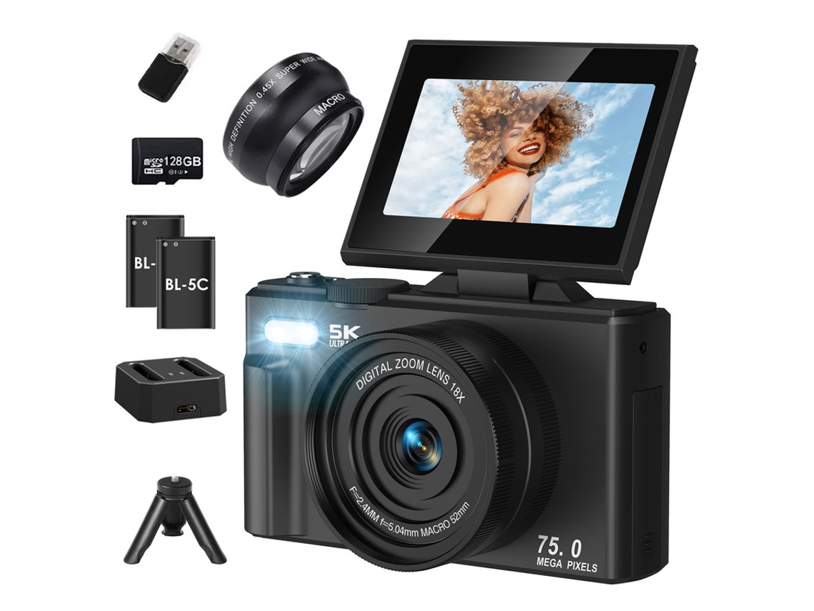 Cámara digital compacta SZSMART Cl08 con pantalla de 3 pulgadas, 5K, 75 MP, zoom 18x, lente gran angular y trípode, 2 baterías, 128 g, color negro