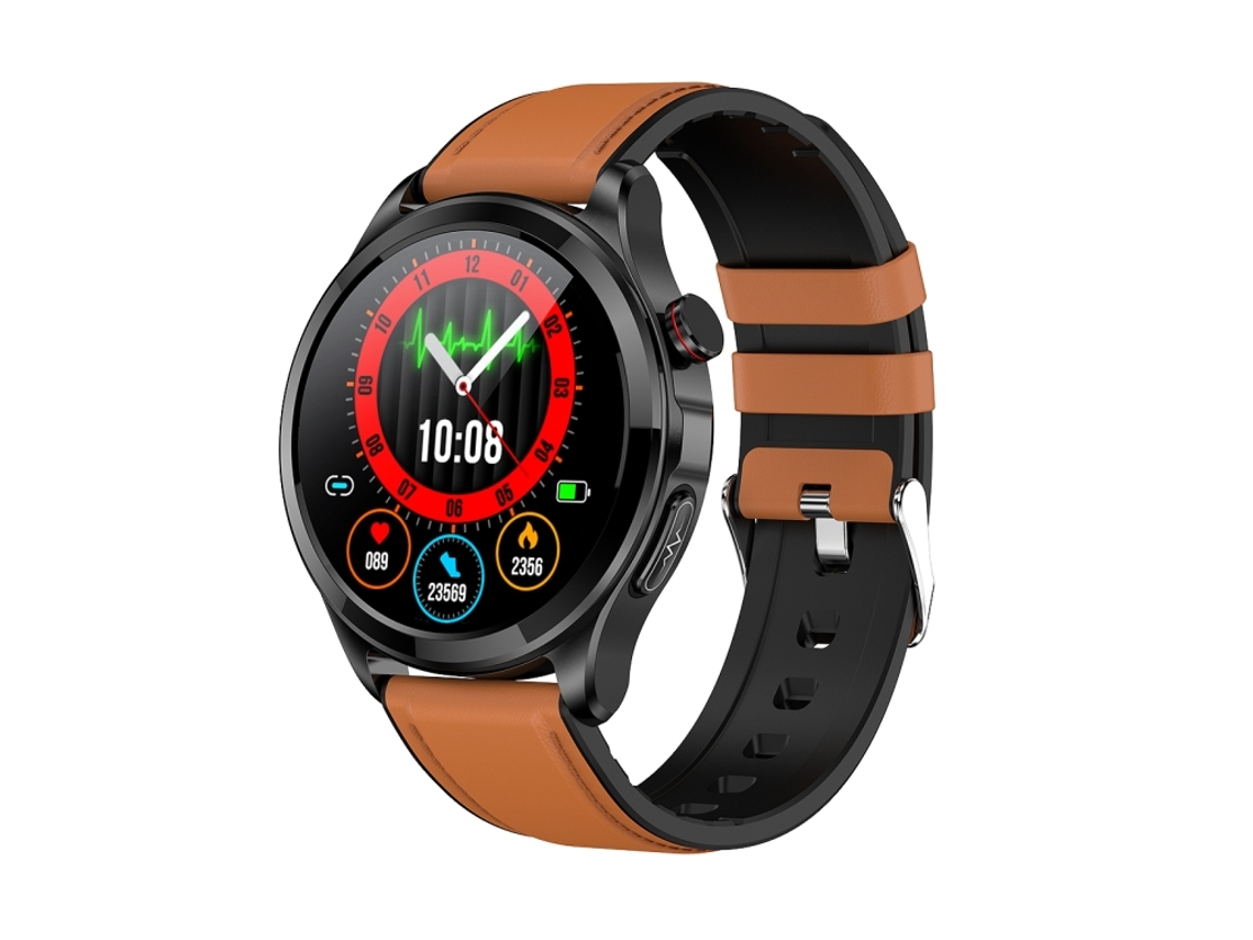 Reloj inteligente con correa de cuero, resistente al agua IP67, pantalla de 1,39 pulgadas y ECG (marrón)