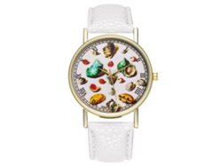 Reloj De Cuero Pu Para Mujer Y Hombre Con Dial Redondo Y Patrón De Concha Blanco