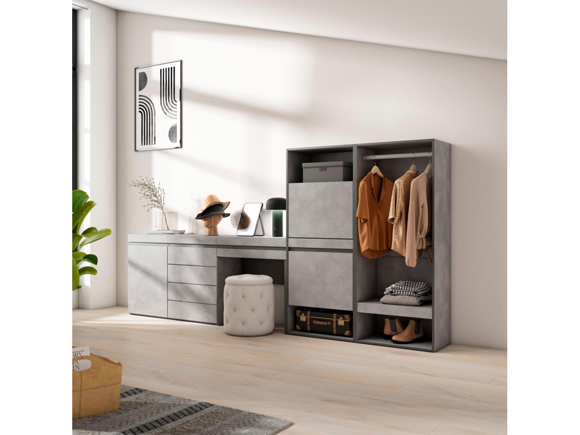Zapatero, 297x145x35 cm, Dormitorio, habitación, Vestidor abierto, Cómoda, Cajonera, Tocador, Cemento SKRAUT HOME