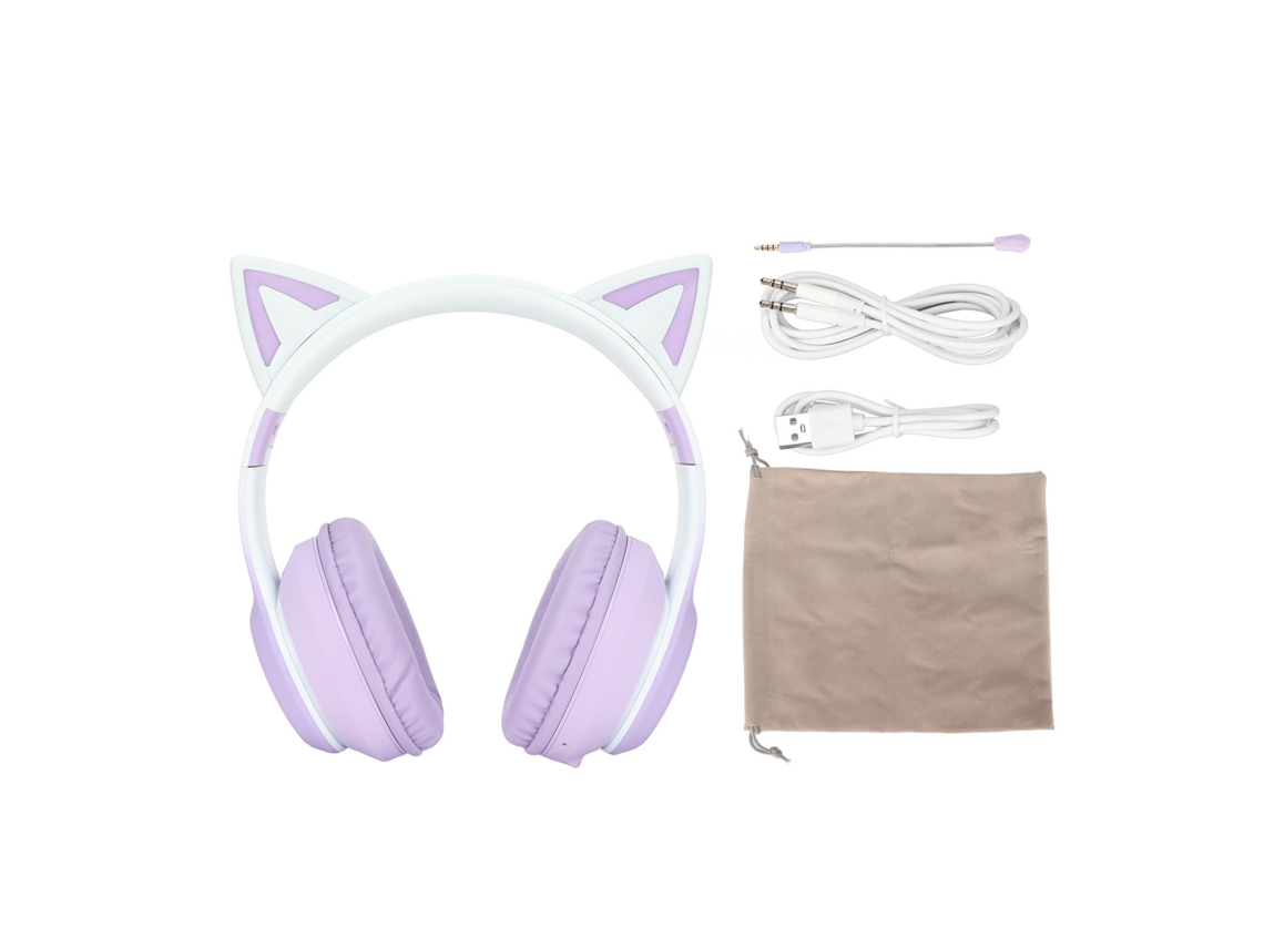 Auriculares Bluetooth Para Juegos Con Orejas De Gato Abatibles, Luz Led Y Micrófono Desmontable - Morado