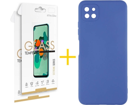 Funda y Protector 2x de Vidrio Samsung Galaxy A22 5G SKYHE Silicona Líquida Azul