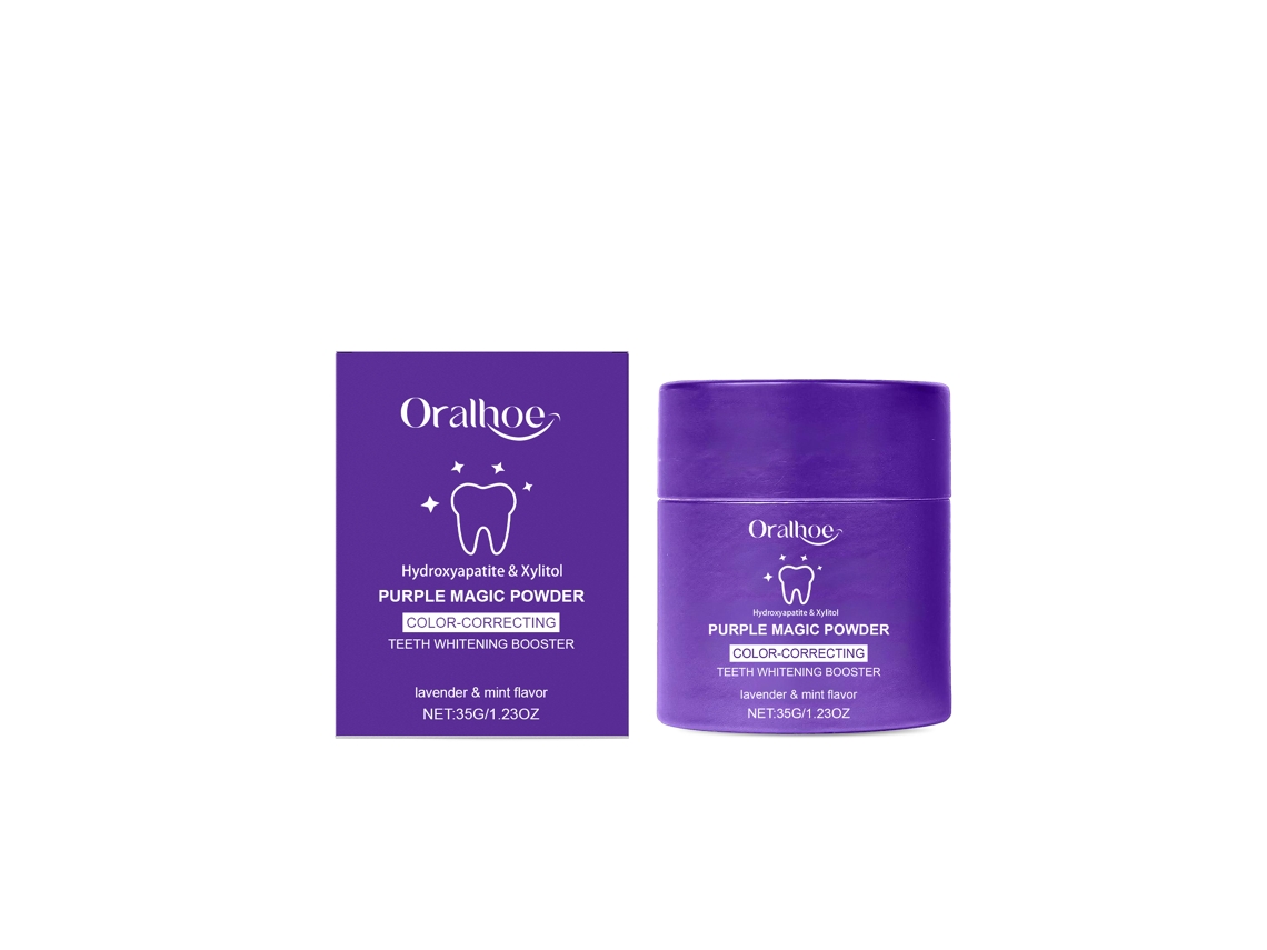 Polvo blanqueador dental morado eficaz para blanquear los dientes.
