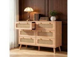 Cómoda De 6 Cajones En Ratán Trenzado, Color Madera Natural, Cómoda Elegante En Ratán Y Madera Para Interiores Modernos
