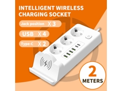 Cable Alargador De 3000 W Con 3 Tomas De Corriente, Bloqueo Infantil, 4 Puertos Usb, 2 Puertos Usb-c, 2 M De Longitud, Carga Inalámbrica, Digitallab Blanco
