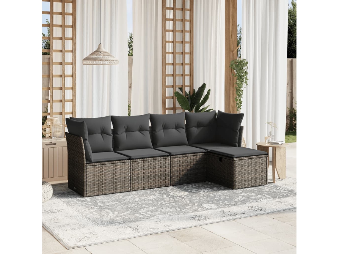 Conjunto de sofá de jardín de 5 piezas con cojines, ratán gris, DKD Home Decor