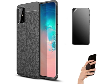 Kit Carcasa Y Protector Samsung S20 Plus Ultimatte Rugged Leather Y Popsocket Negro