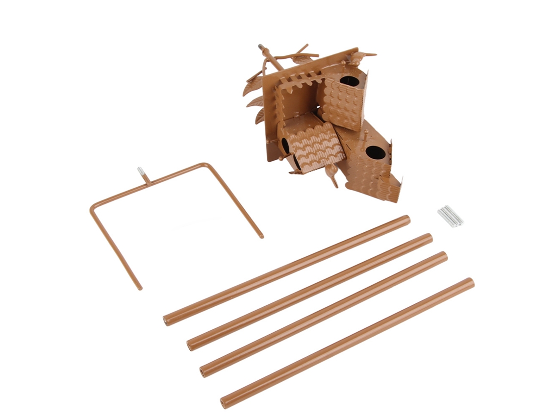 Casita metálica para pájaros con poste para jardín.