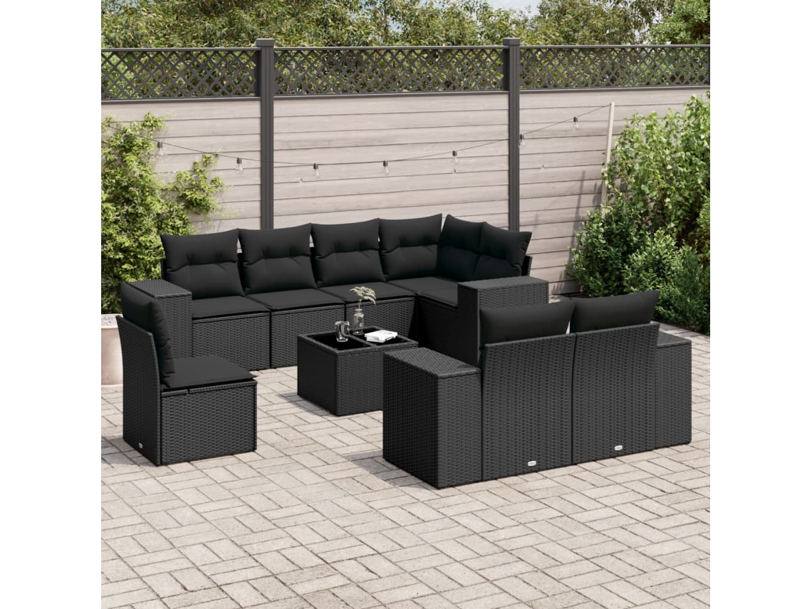 Conjunto de sofá de jardín de 9 piezas con cojines, ratán negro, Dkd Home Decor