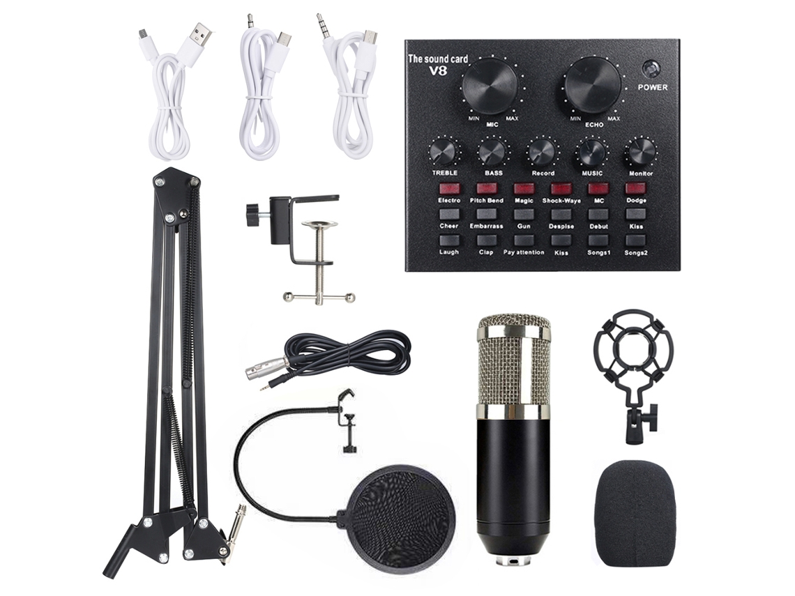 Kit Multifuncional De Micrófono De Condensador Y Tarjeta De Sonido Para Grabación, Transmisión En Vivo Y Mezcla Inteligente Con Soporte Flexible.