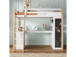 Cama Alta Infantil 90*200 - Multifuncional Con Escalera, Escritorio, Estante, Cajón Grande, Pizarra Y Estantería - Blanco+natural