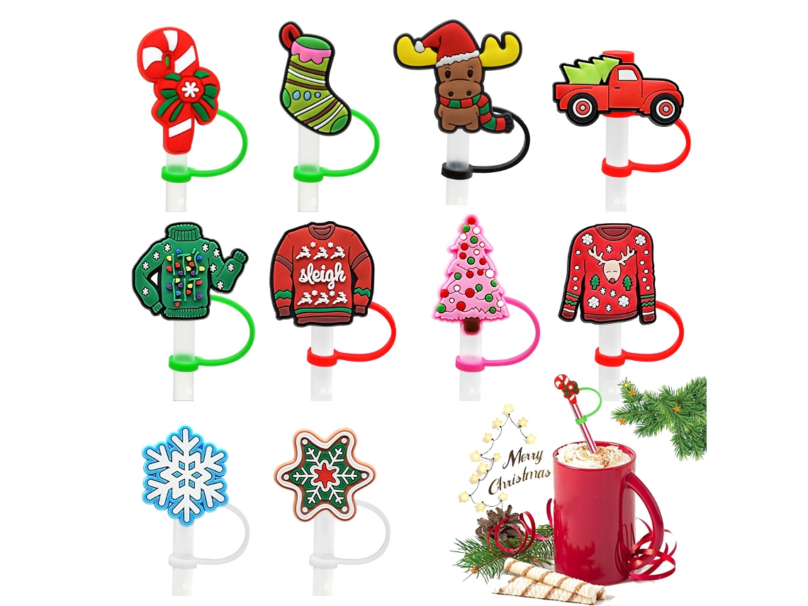 Tapas de pajitas navideñas: pajitas de silicona de 10 piezas para pajitas de 8 mm, reutilizables y portátiles JEIIBRZUI