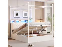 Cama De Hierro Forjado De 140x190 Cm Con Dosel Hidráulico, Led Y Usb, Color Blanco.