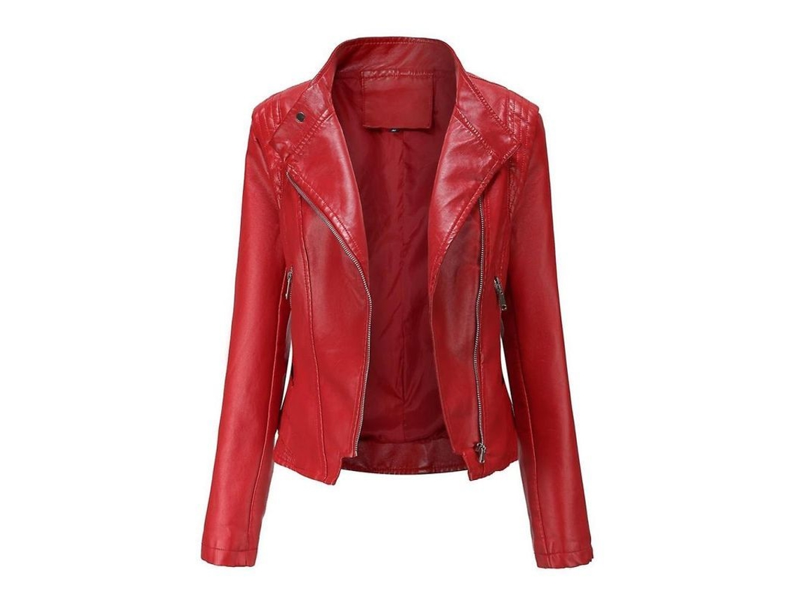 Jaqueta curta feminina de couro, corte slim, com zíper assimétrico, ideal para motociclismo e uso casual, disponível nas cores preto, azul, vermelho e creme, tamanho M e vermelho (modelo 2026).