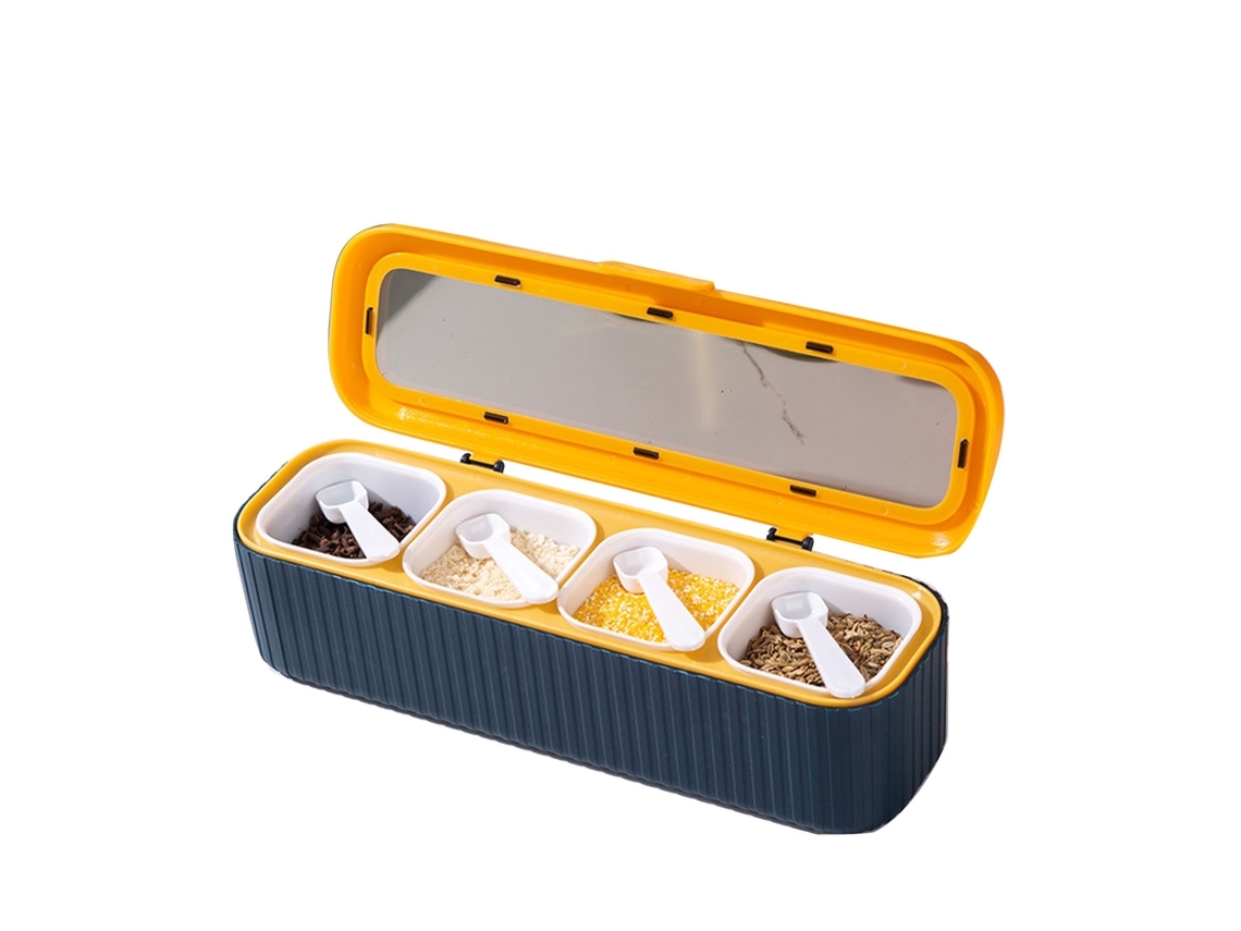 Caja De Almacenamiento De Condimentos Sellada 4 Compartimentos Jars De Especias Con Cuchara Azul Para Cocina