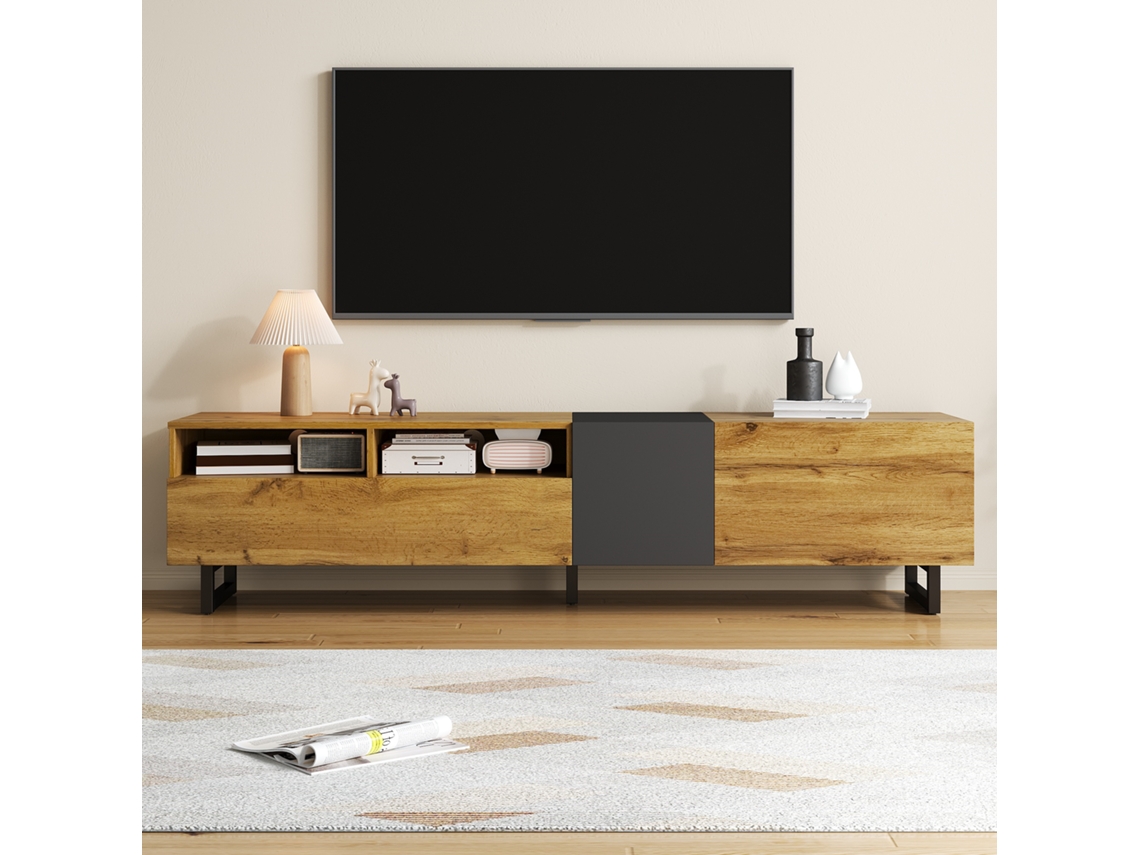 Mueble De Tv Retro, 170x36,5x42 Cm, Diseño Contrastante Gris-negro, 3 Puertas, 2 Nichos, Patas En U De Metal, Para Tv De 60-75 Pulgadas, Madera