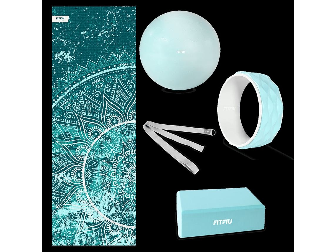 Kit 5 accesorios para yoga y pilates FITFIU FITNESS KITWELL-500 AZUL, esterilla, bloque, rueda, fitball, correa