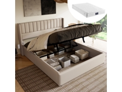 Cama Hidráulica 160x200cm, Tapizada En Lino, Cabecera Reclinable, Sombrilla De Listones De Madera, Robusta 199kg, Sin Colchón, Beige