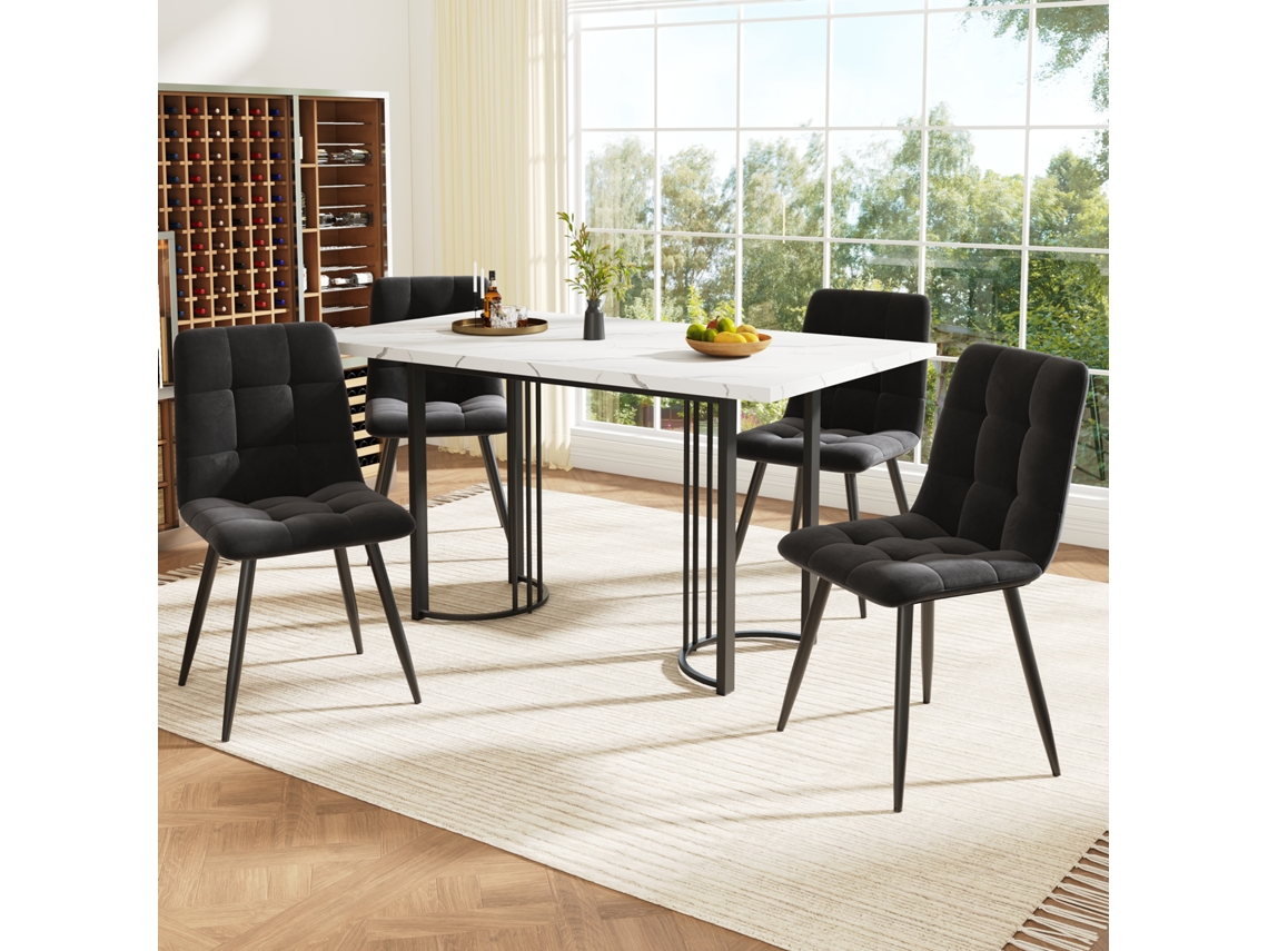 Conjunto Comedor 5 Piezas 140x80 Cm - Mesa Extensible Y 4 Sillas Terciopelo Negro Y Blanco