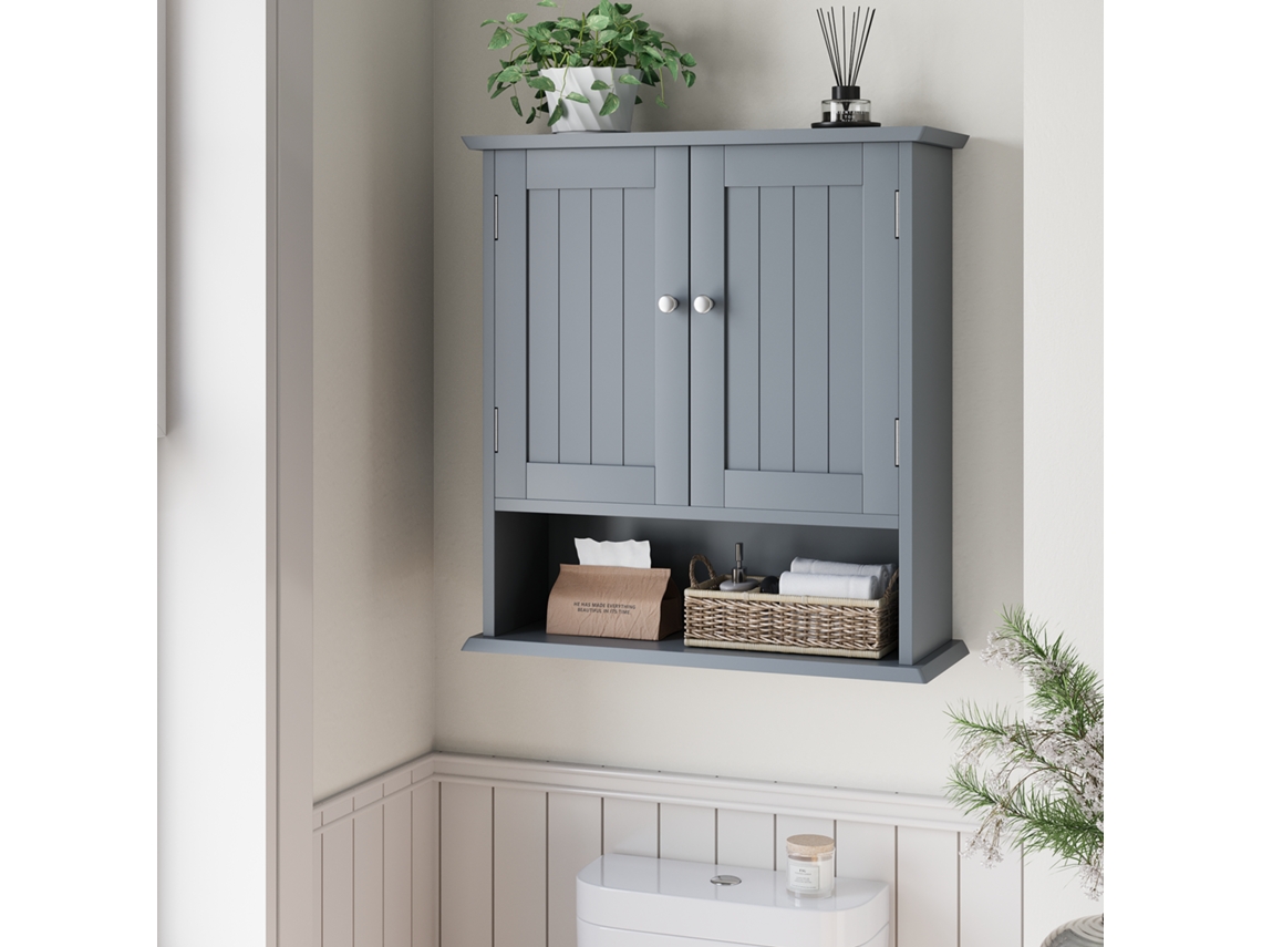 Armario De Baño 2 Puertas - Estantes Abiertos, Mueble Medicinas Pared - Gris Claro