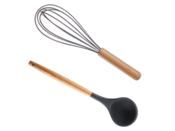 Juego de utensilios de cocina de 2 piezas, Kofihety, con mango de madera antiadherente y silicona (gris)