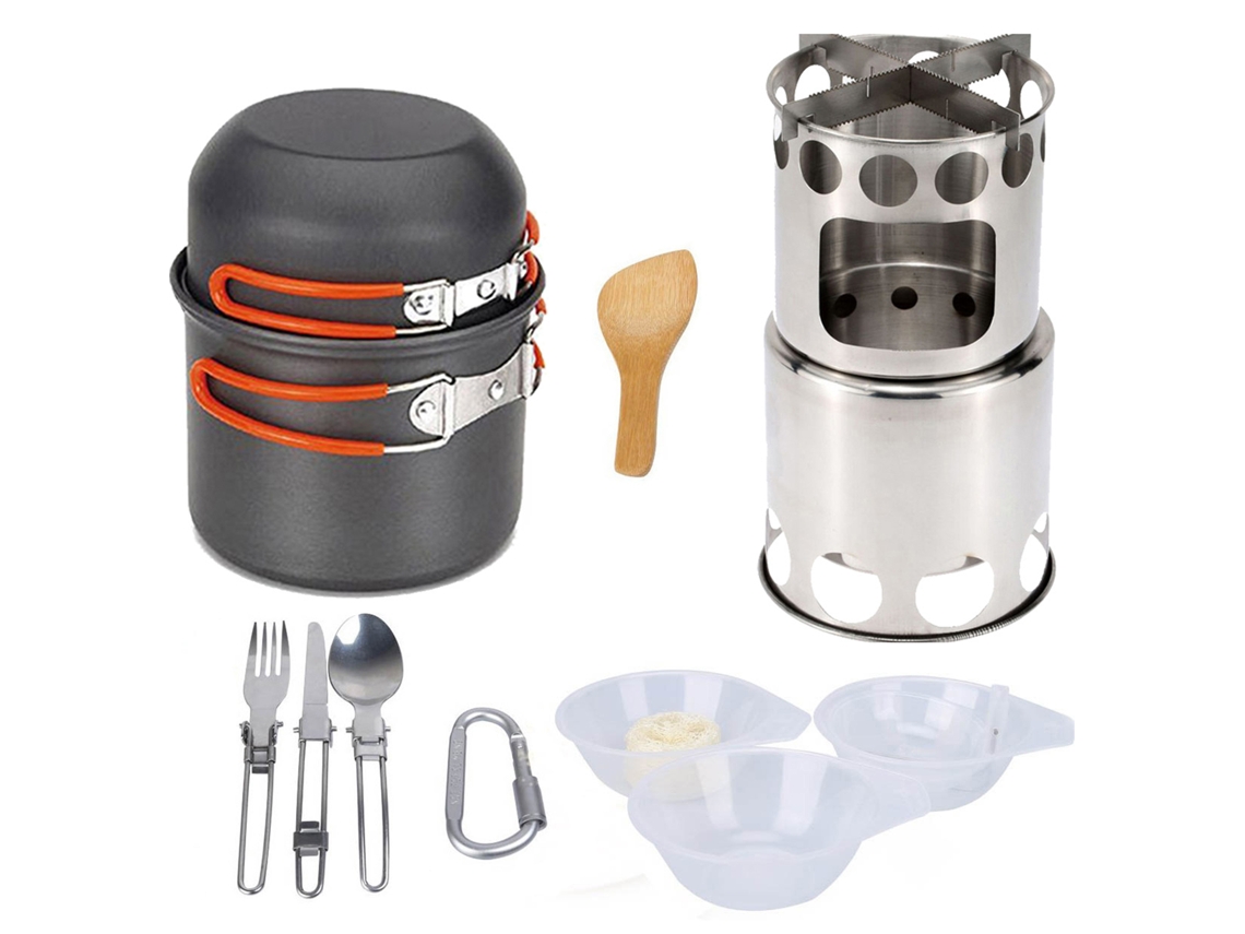 Kit De Cocina Para Acampar Con Hornilla Portátil, Sartenes De Aluminio Antiadherentes Y Utensilios Plegables Para Exteriores.