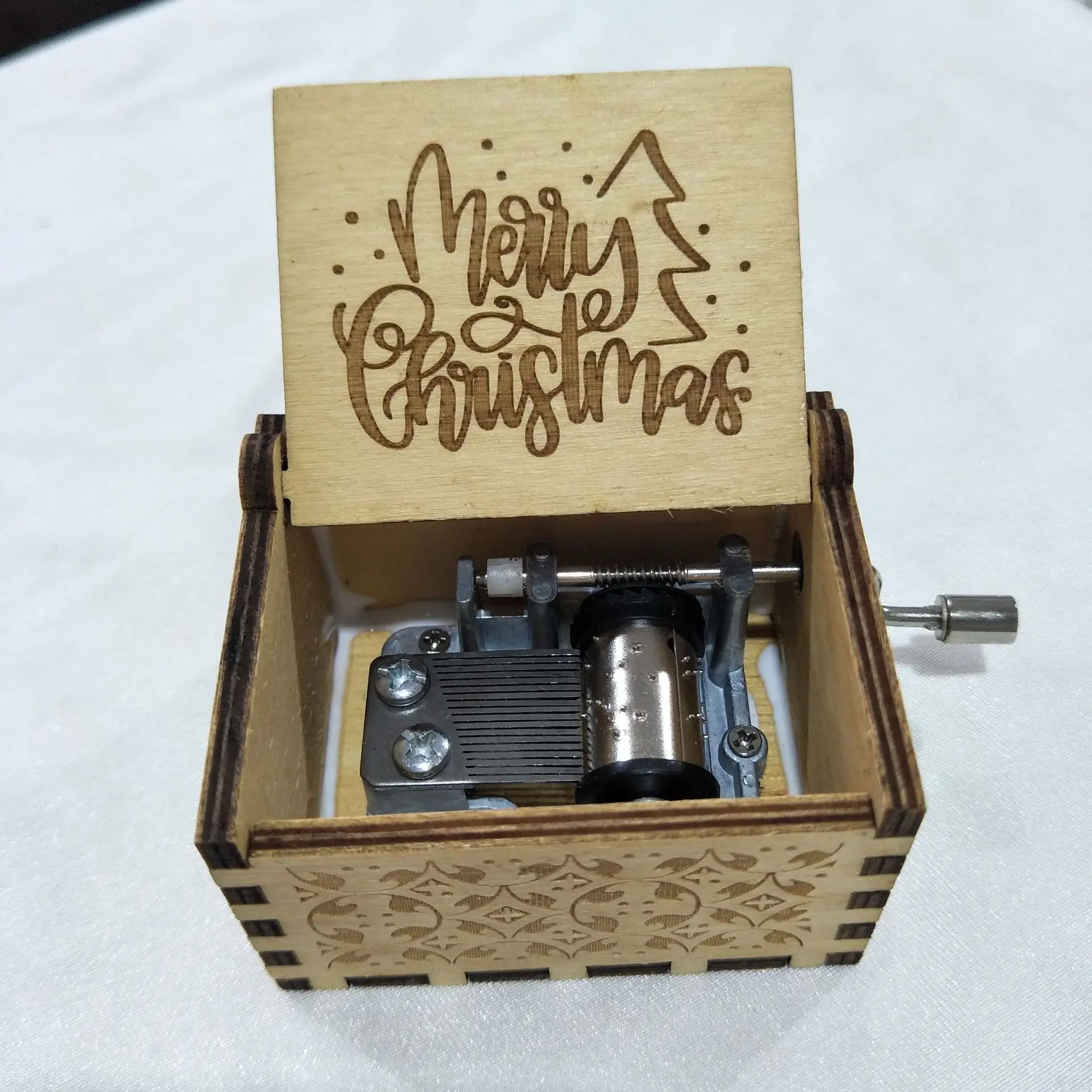 Caja de música navideña vintage con manivela, exquisita pieza hecha a mano en resina y madera pintada a mano MDUG (estilo 28)