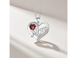 Collar Con Colgante En Forma De Corazón Con La Palabra "mamá", Chapado En Oro Blanco, Decorado Con Una Piedra Roja, Una Pieza De Joyería Ref