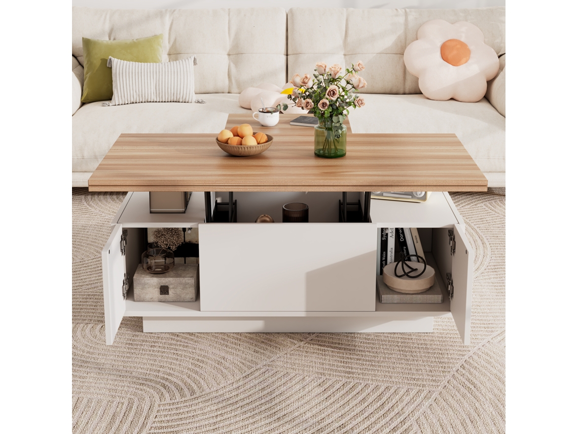 Mesa de centro moderna con doble mecanismo de elevación, almacenamiento oculto, capacidad de carga hasta 50 kg, Mobrio blanco