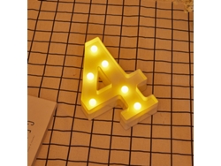 Letra LED 4 Número Iluminado con Luz Blanca Cálida, Altura 22cm, Funcionamiento a Pilas 2*AA