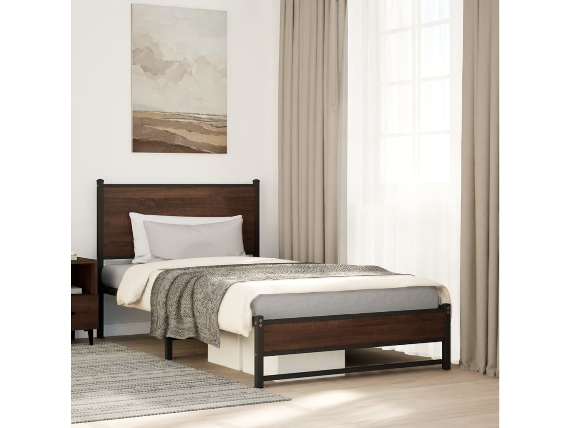 Estructura De Cama Sin Colchón Metal Marrón Roble 107x203 Cm