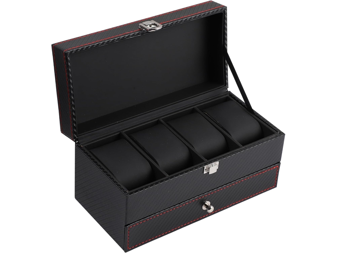 Caja De Cuero Negro Para Joyas Y Relojes Con Cojín Protector, Almacenamiento Compacto Para Anillos.