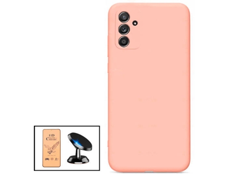 Kit Cristal Templado CeramicGlass Full Cover, Funda Silicona y Soporte Magnético de Coche Samsung Galaxy M52 5G PHONECARE Rosa
