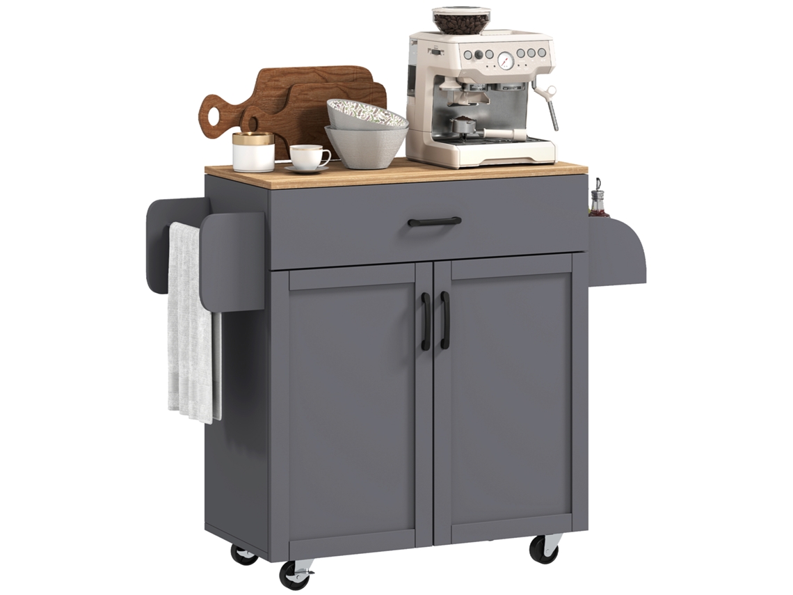 Isla de cocina con 1 cajón, toallero y especiero, carrito auxiliar con ruedas, 105x36x85 cm, gris.