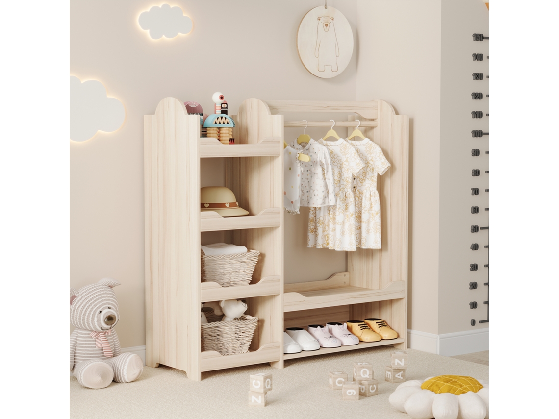 Armario Infantil Con Barra Para Colgar Ropa, 4 Estantes, Madera Natural, 110x39x110cm