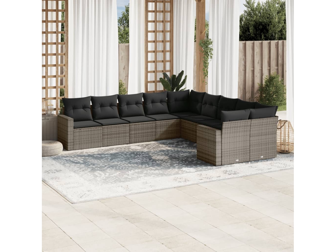 Conjunto de sofá de jardín de 10 piezas con cojines, ratán gris, DKD Home Decor