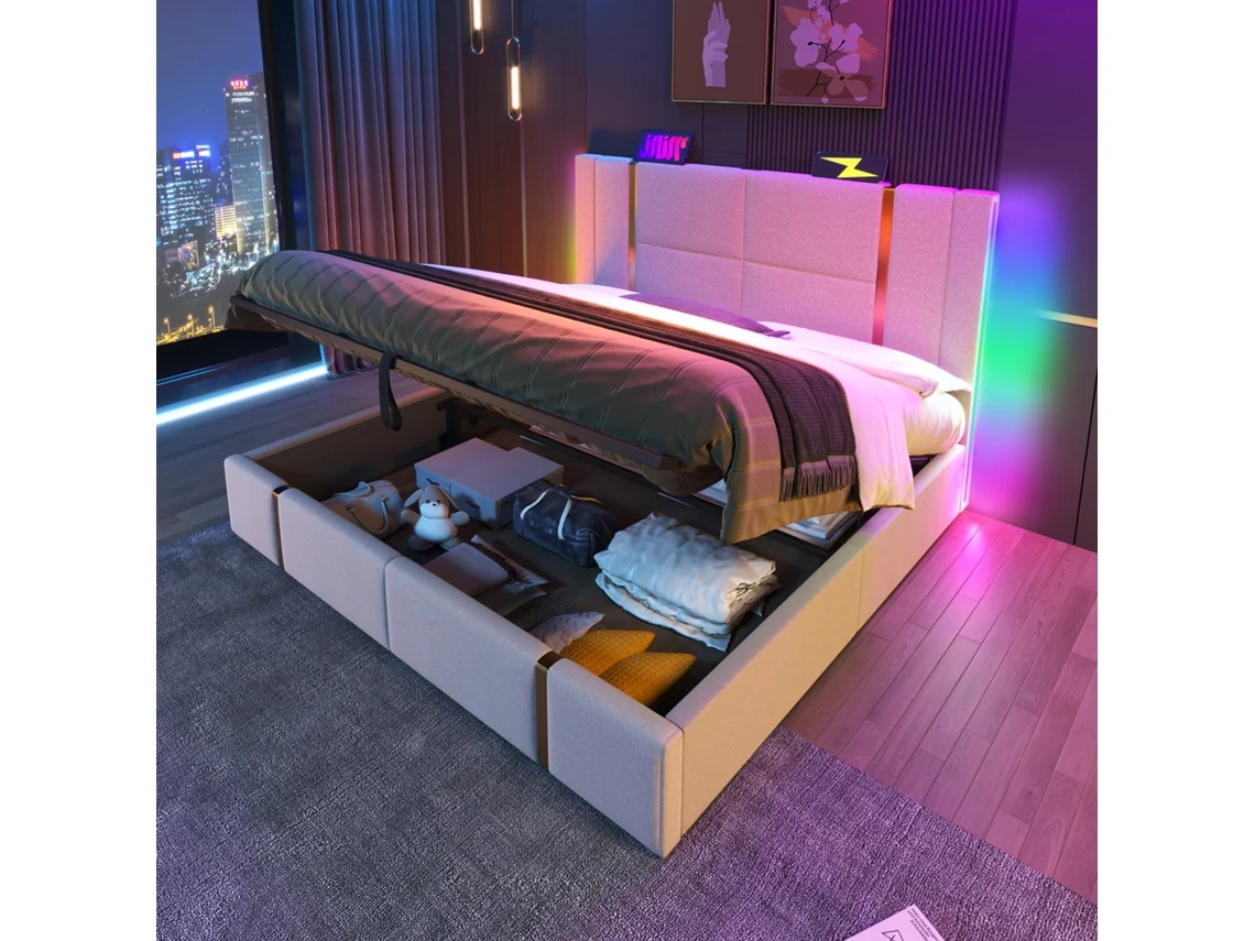 Cama Doble 180x200 Cm Beige, Led, Usb-c, Almacenamiento, Somier De Láminas, Sin Colchón.