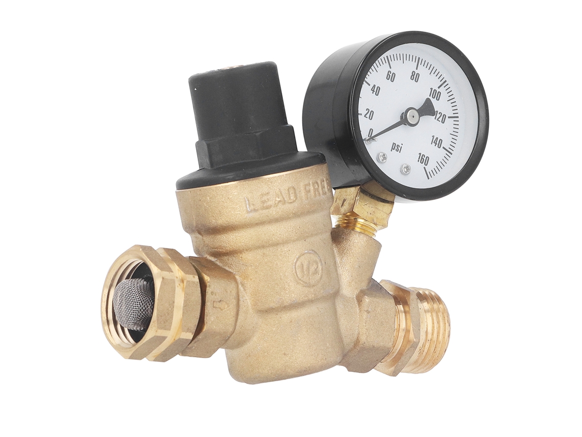 Regulador De Presión De Agua Ajustable De Latón Con Manómetro Y Filtro Para Vehículos Recreativos, 160 Psi.