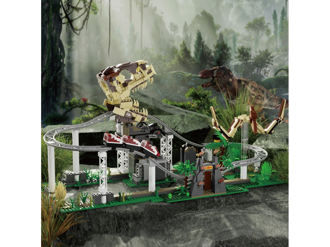 (1291 Piezas) Bloque De Construcción De Partículas Pequeñas, Modelo De Parque De Atracciones De Montaña Rusa De Dinosaurio, Adorno