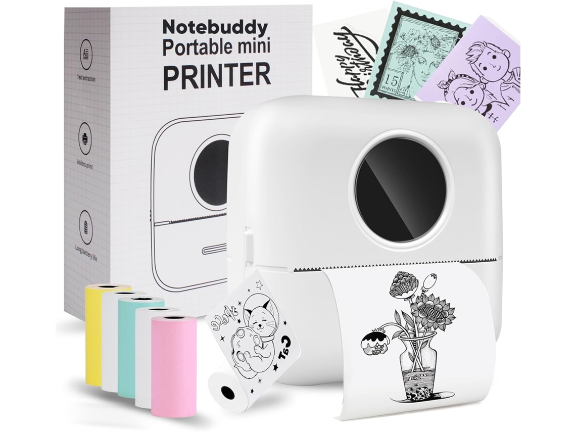 Impresora Térmica de Bolsillo Bluetooth Portátil Sin Tinta con 5 Rollos de Papel para Diario/Álbum de Recortes de Bricolaje/Viajes/Notas Blanco SIURN