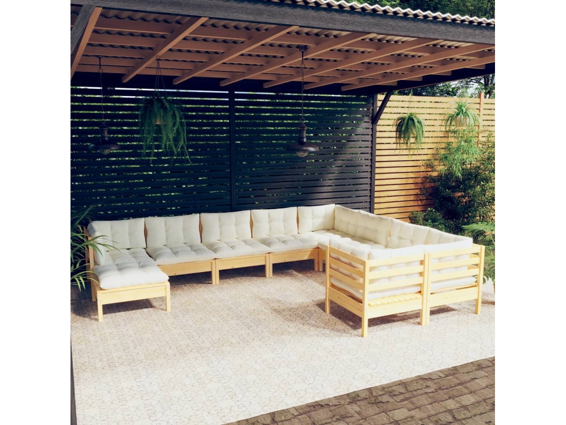 Conjunto 10 Pcs Lounge De Jardim C/ Almofadões Cor Creme Pinho Dkd Home Decor